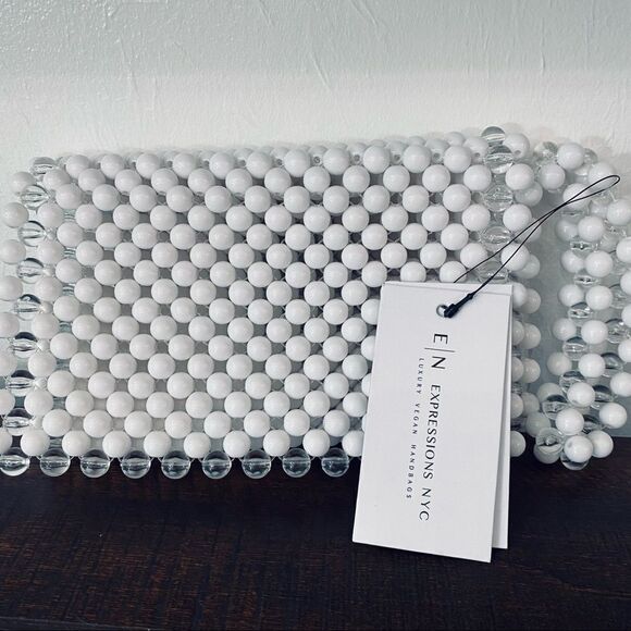 Expressions NYC White Luxury Vegan Beaded Handbag Purse - Picture 2 of 5